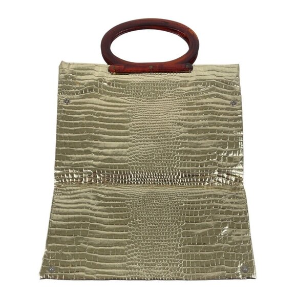 Vintage Gold Embossed Faux Alligator Lucite Handles Purse Folding Tote Bag - Picture 2 of 12